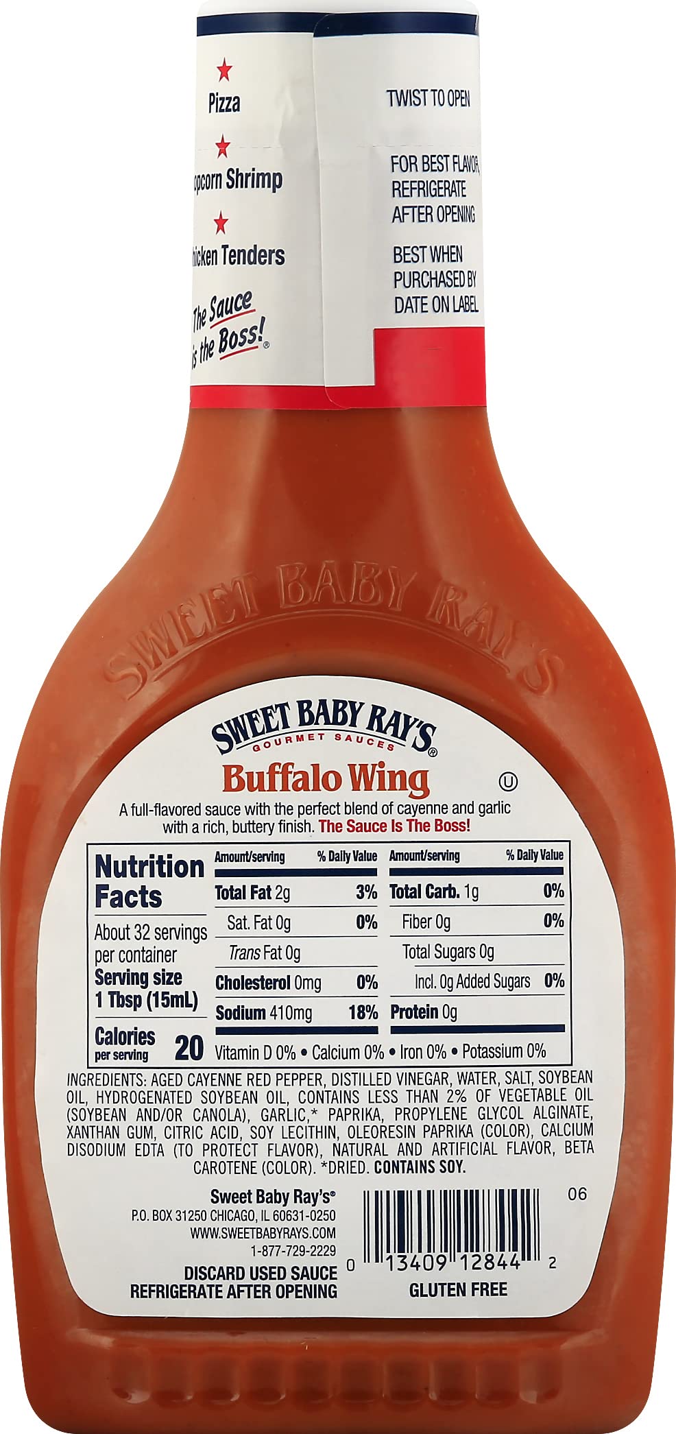 Sweet Baby Ray's Buffalo Wing Sauce closeup bottle highlights rich garlic notes.