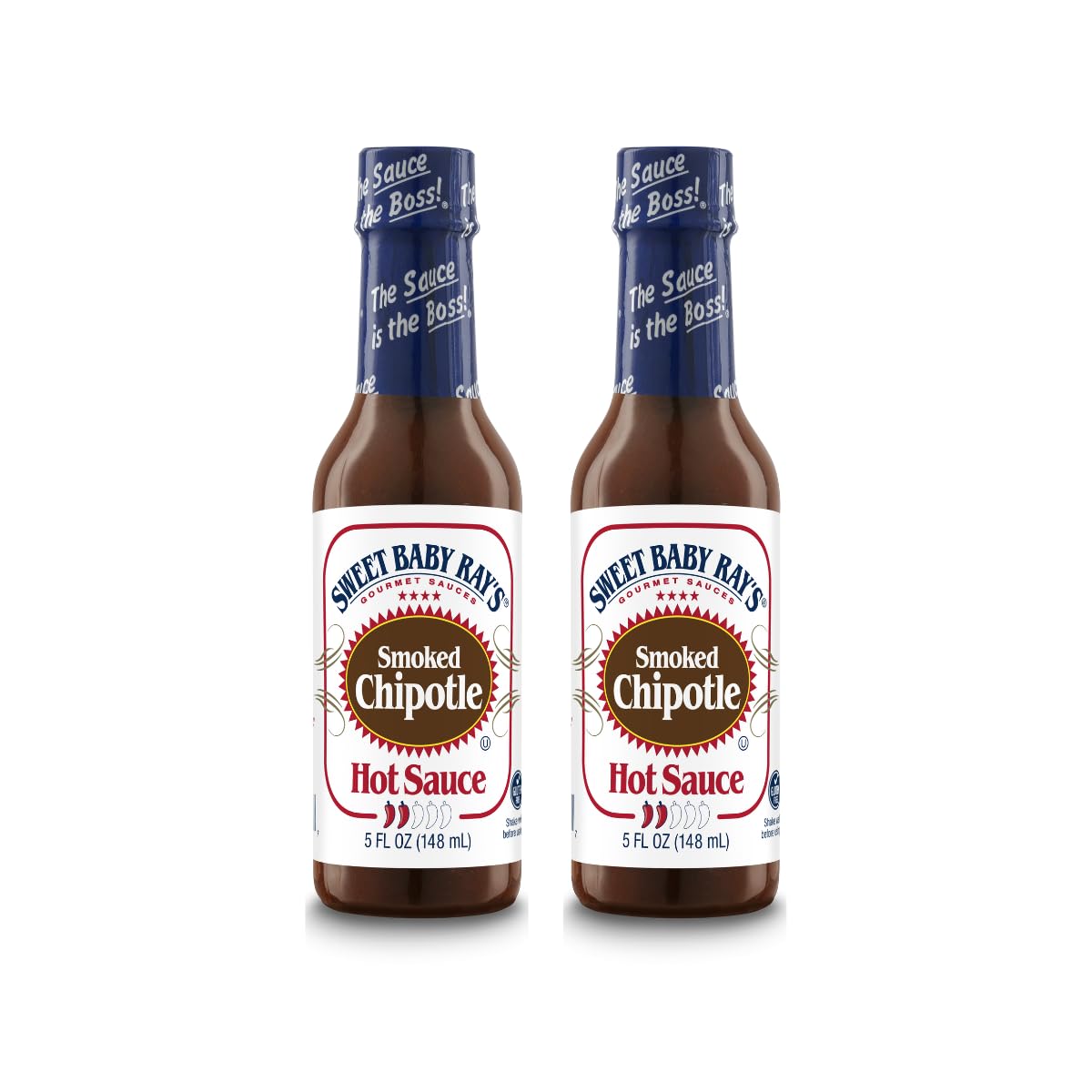 Sweet Baby Ray’s Smoked Chipotle Hot Sauce bottle pour adds rich smoky heat to meals.