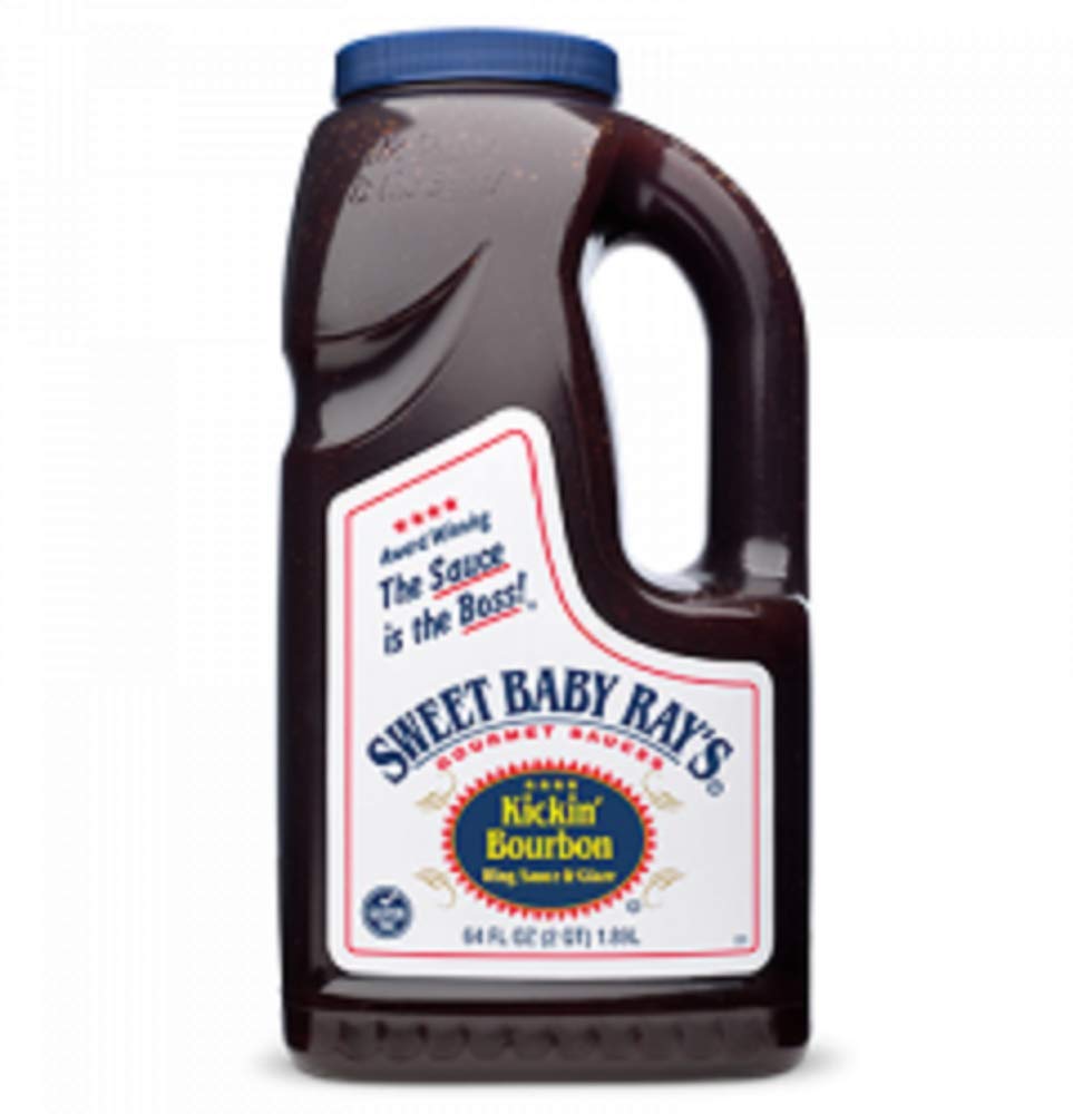 Sweet Baby Ray's Kickin' Bourbon bottle being poured for bold wings and savory glaze.