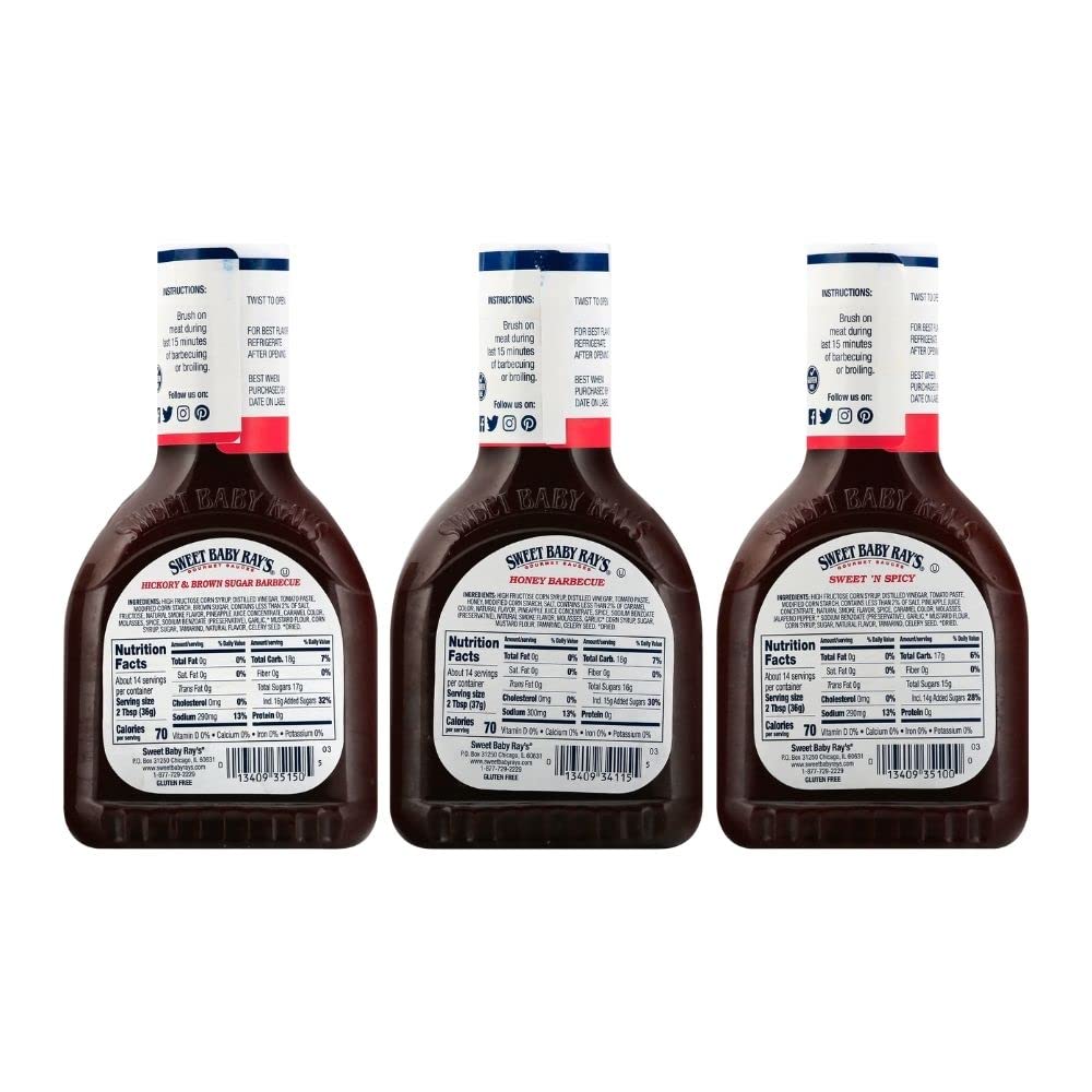 Sweet Baby Ray's Hickory Brown Sugar BBQ Sauce bottle adds smoky depth to grilling.