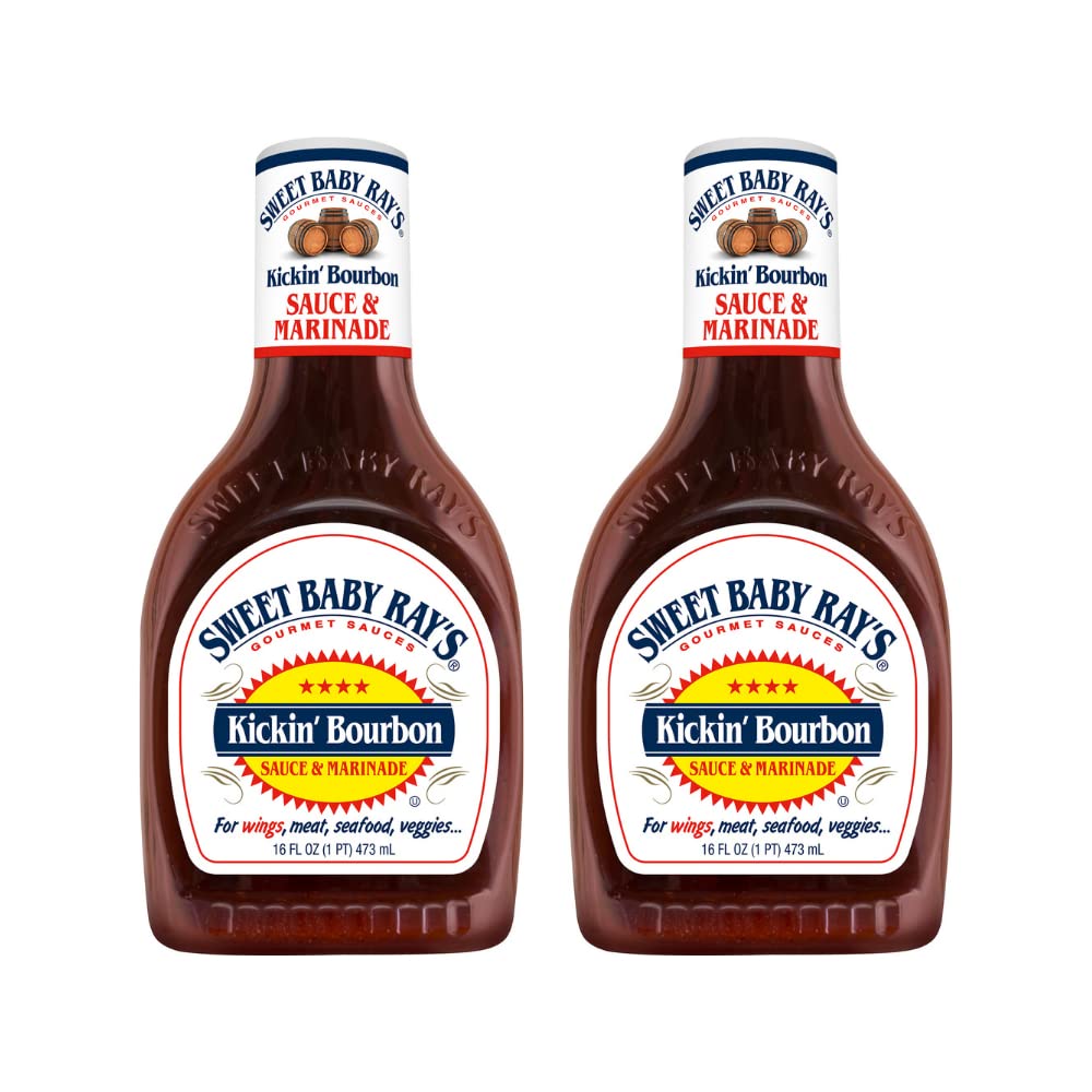 Sweet Baby Ray's Kickin' Bourbon sauce bottle front, ideal for bold grilling.