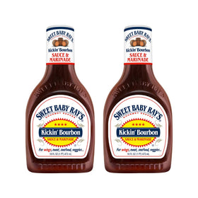 Sweet Baby Ray's Kickin' Bourbon sauce bottle front, ideal for bold grilling.