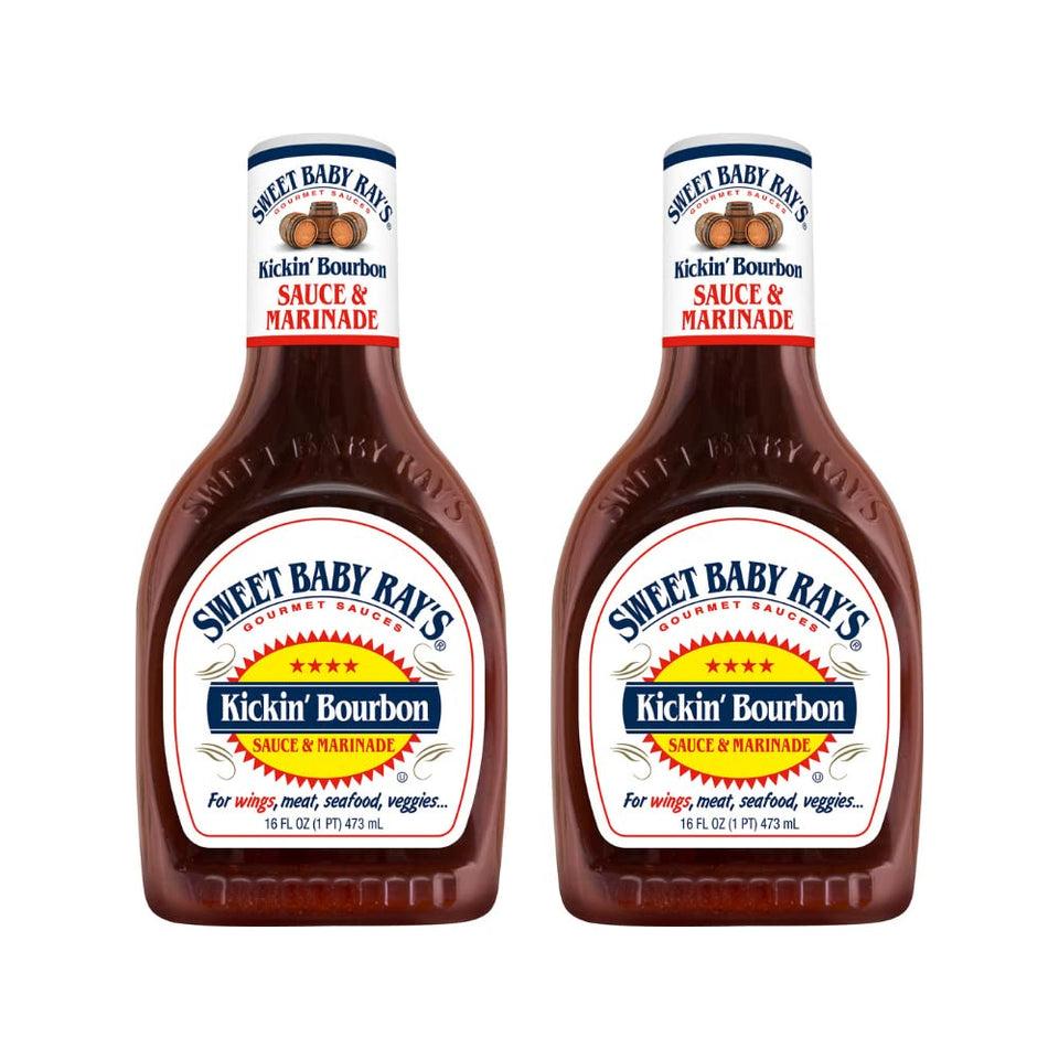 Sweet Baby Ray's Kickin' Bourbon sauce bottle front, ideal for bold grilling.