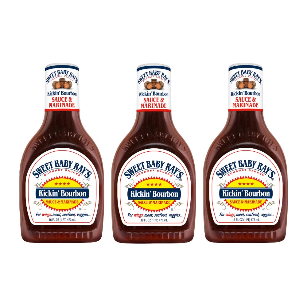 Sweet Baby Ray's Kickin' Bourbon sauce bottle for grilling and dipping.