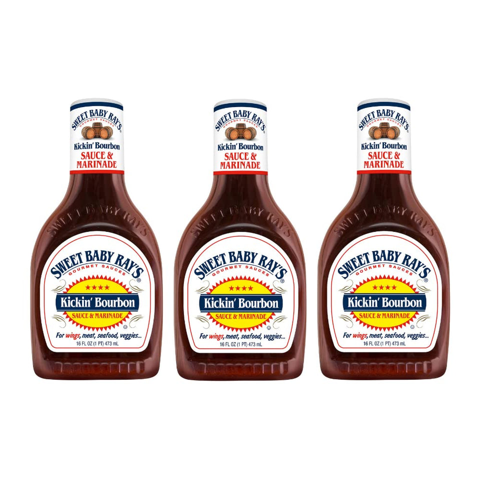 Sweet Baby Ray's Kickin' Bourbon sauce bottle for grilling and dipping.