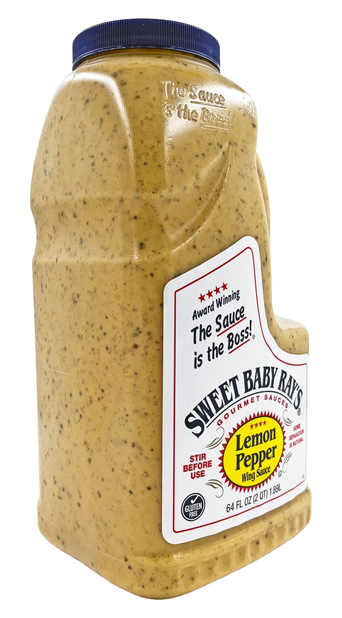 Closeup of label on Sweet Baby Ray's Lemon Pepper sauce, highlighting kosher and gluten-free.