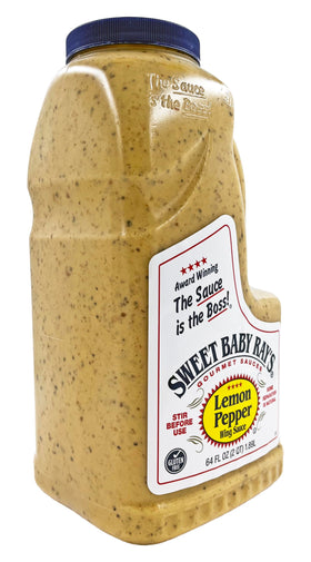 Closeup of label on Sweet Baby Ray's Lemon Pepper sauce, highlighting kosher and gluten-free.