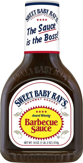 Sweet Baby Ray's Original BBQ sauce bottle pouring over a juicy burger.