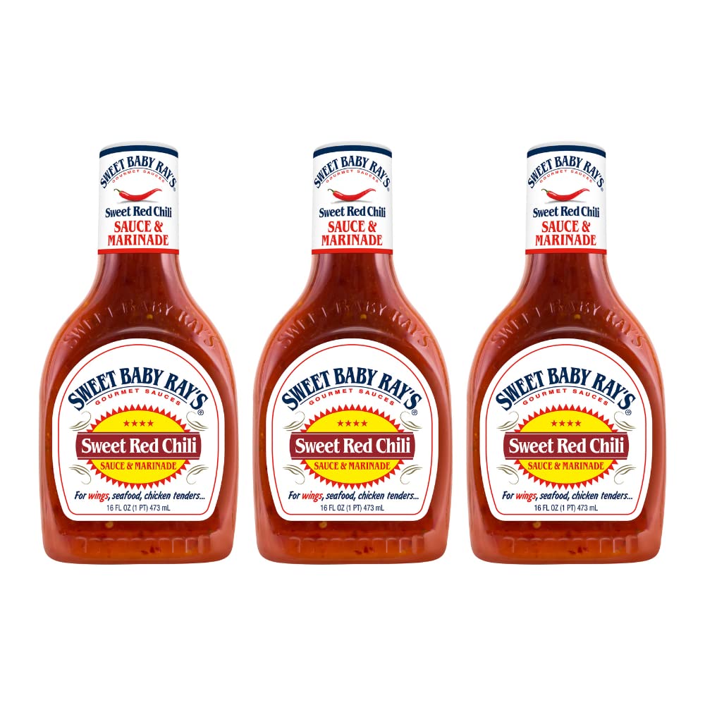 Sweet Baby Ray's Sweet Red Chili bottle front view for quick glaze application.