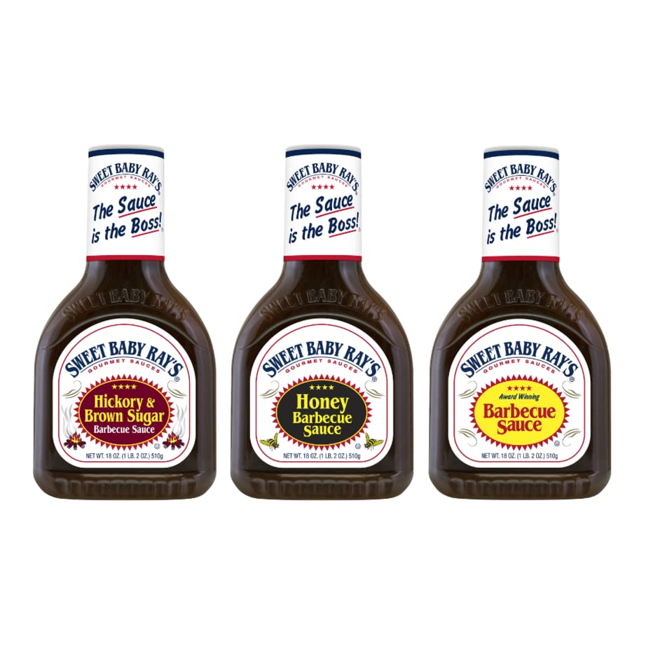 Sweet Baby Ray's three-bottle variety pack on display for versatile backyard BBQ.