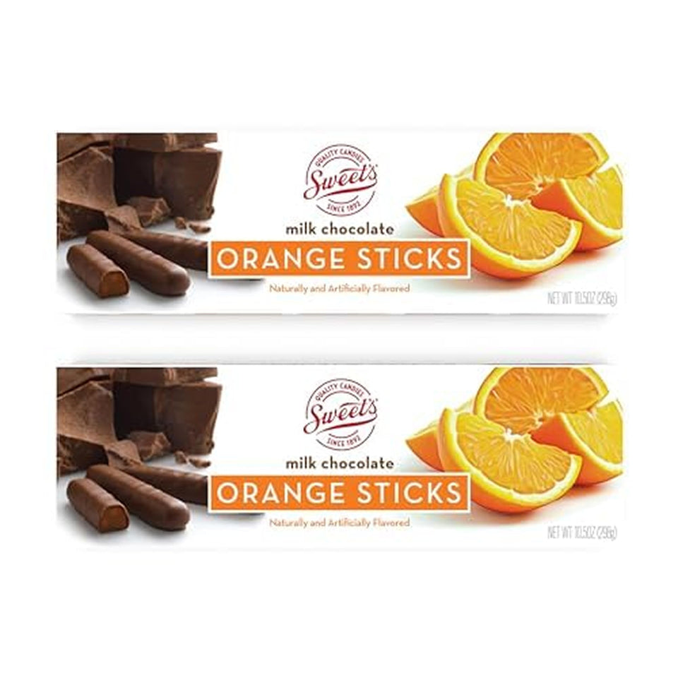 Sweet Candy Company milk chocolate orange sticks in a gift-ready box.
