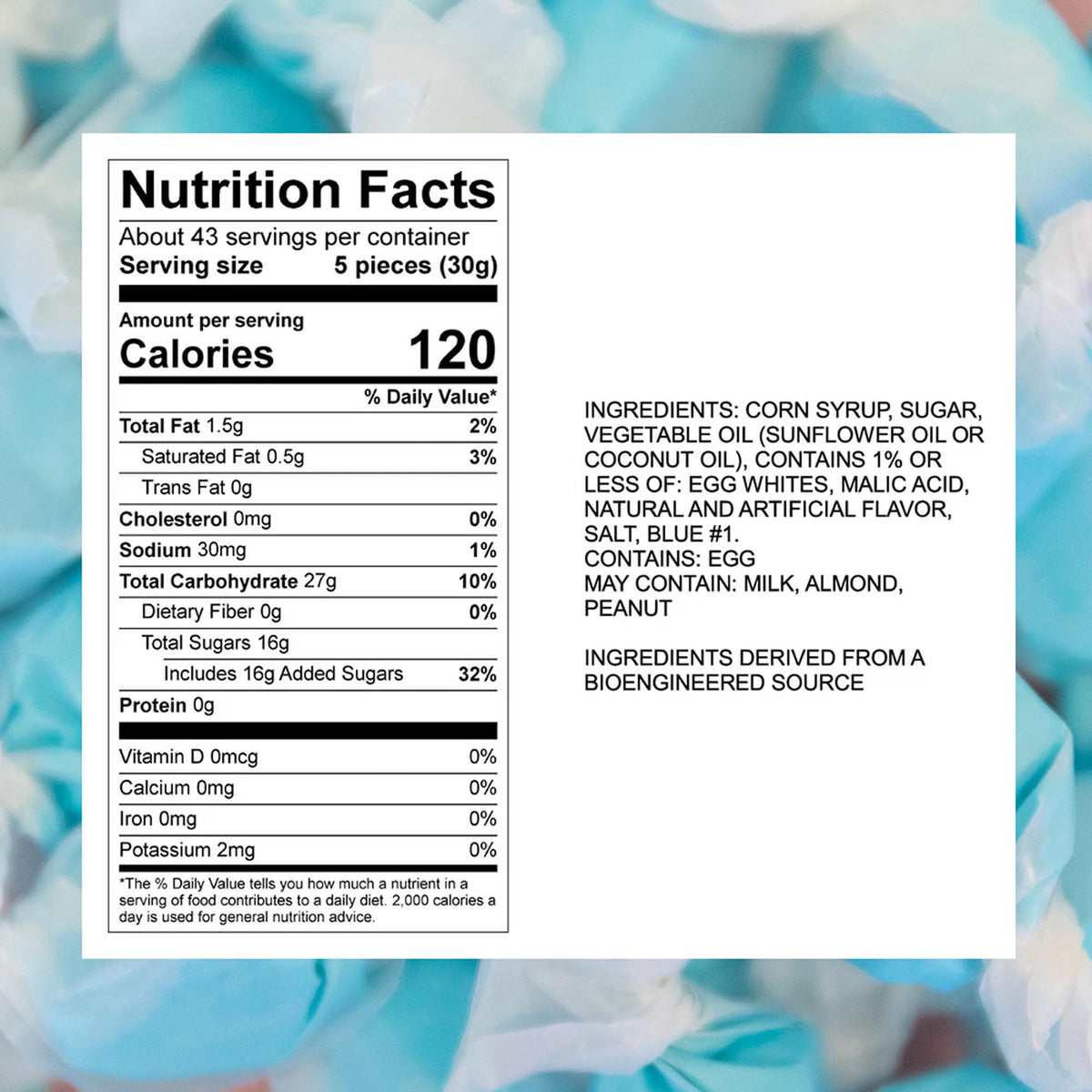 Individually wrapped blue raspberry salt water taffy pieces for easy sharing