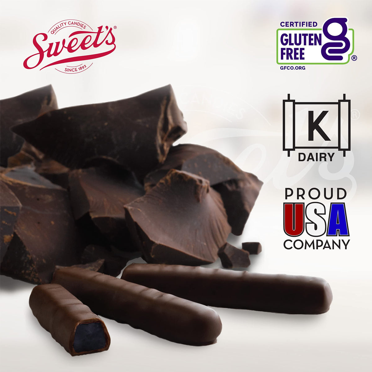 Sweet Candy Dark Chocolate Orange and Cherry Sticks box back showcases event-ready packaging.