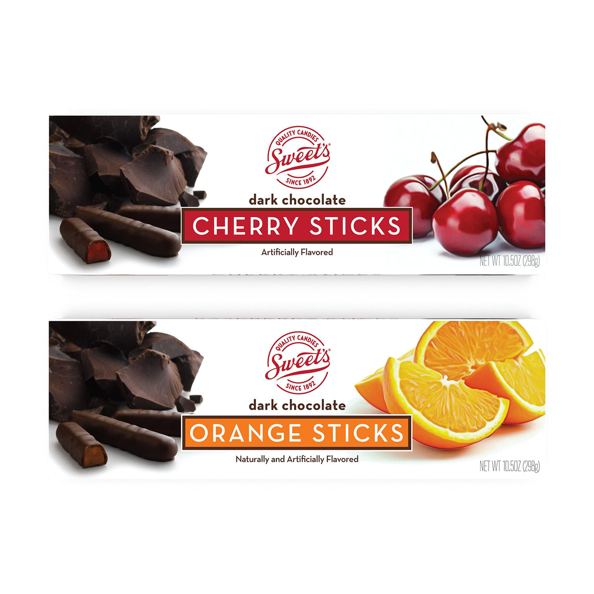 Sweet Candy Dark Chocolate Orange and Cherry Sticks box front highlights gift-ready presentation.