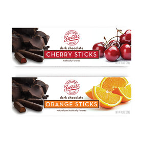 Sweet Candy Dark Chocolate Orange and Cherry Sticks box front highlights gift-ready presentation.