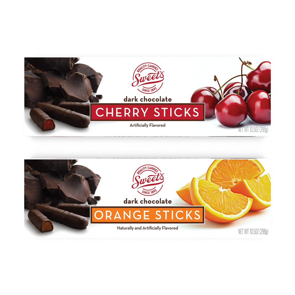 Sweet Candy Dark Chocolate Orange and Cherry Sticks box front highlights gift-ready presentation.