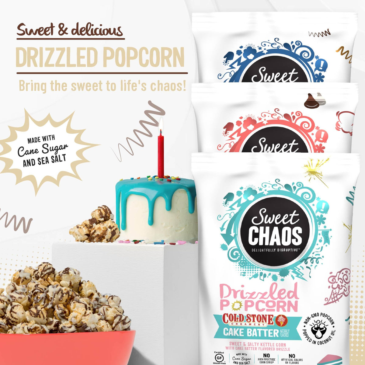 Sweet Chaos Black and White popcorn with drizzle, classic shareable treat
