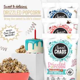Sweet Chaos Black and White popcorn with drizzle, classic shareable treat