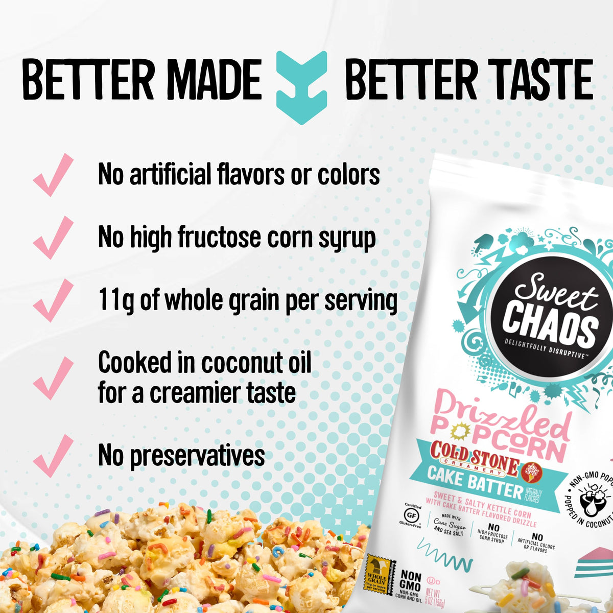 Sweet Chaos cake-batter drizzle over popcorn adds a glossy, crave-worthy layer.