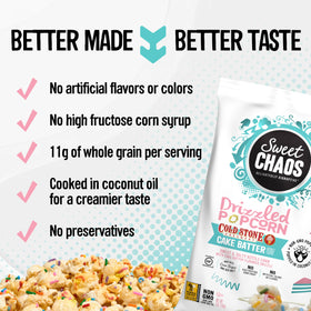 Sweet Chaos cake-batter drizzle over popcorn adds a glossy, crave-worthy layer.