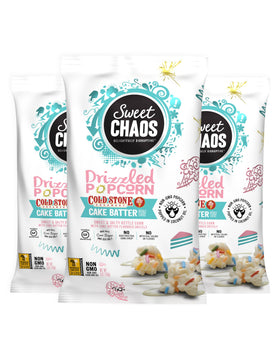 Sweet Chaos cake batter drizzle popcorn close-up highlights glossy coating and movie-night appeal.
