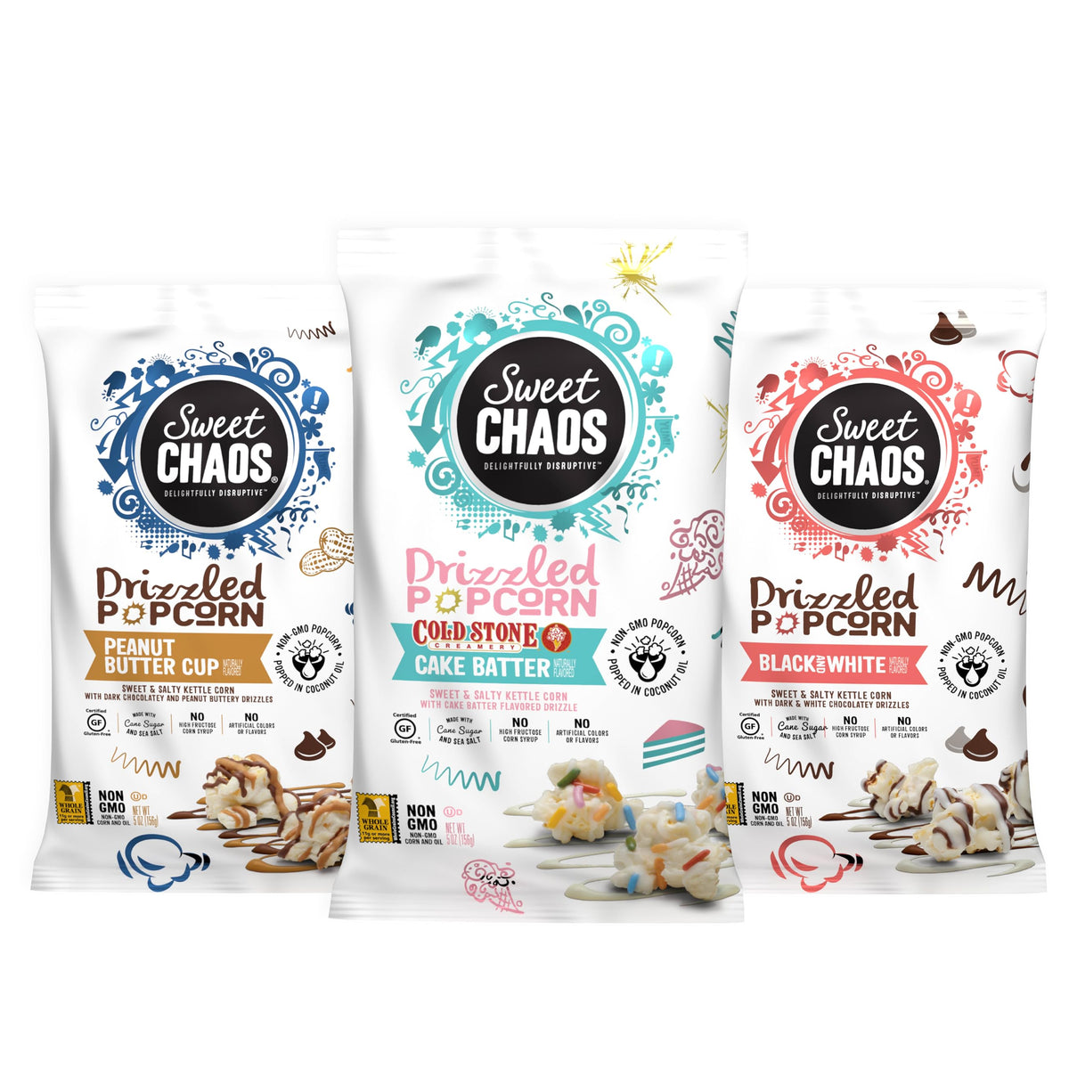 Sweet Chaos Cake Batter popcorn bag with drizzle, ideal for snacking