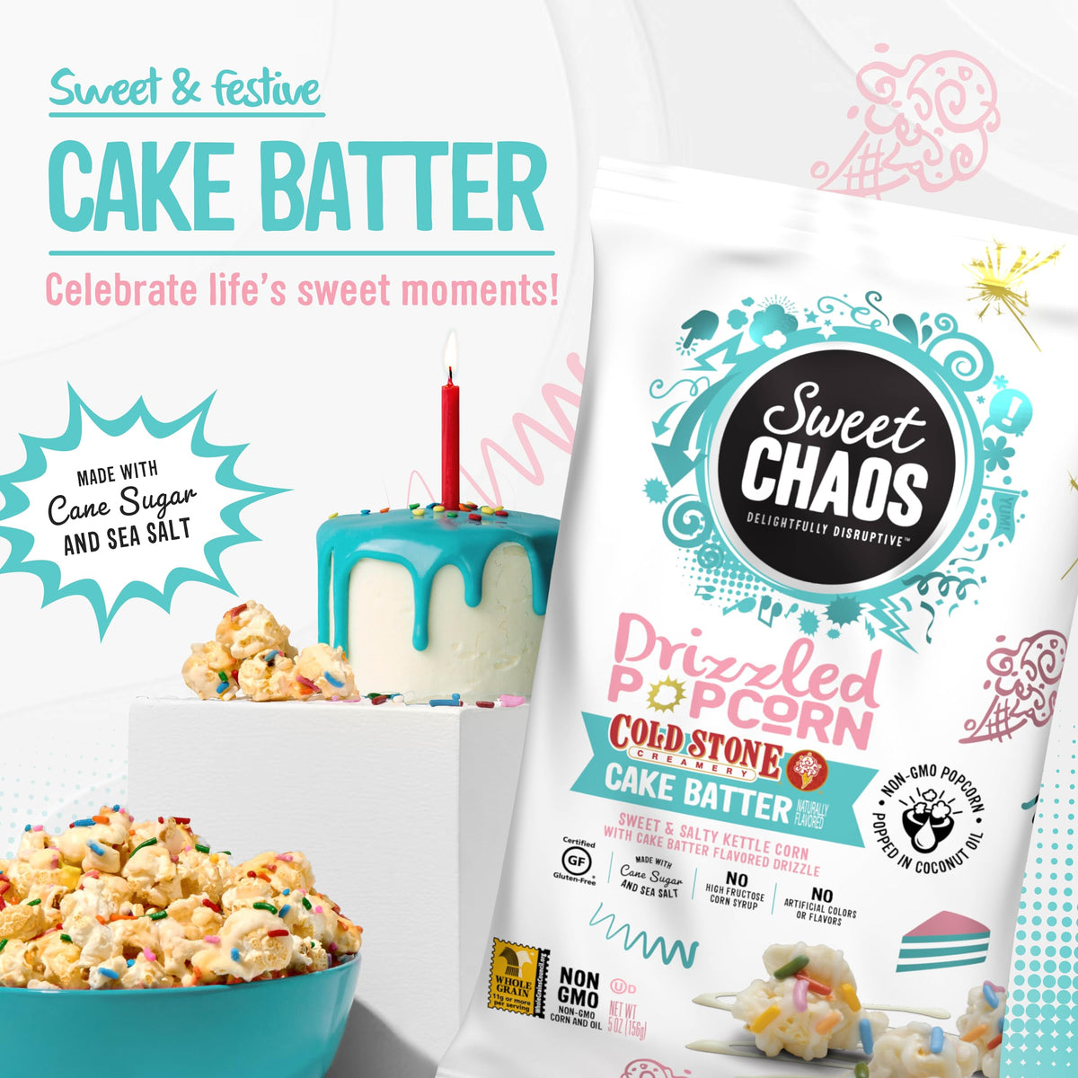 Sweet Chaos coconut-oil popped kernels with non-GMO quality suitable for sharing.