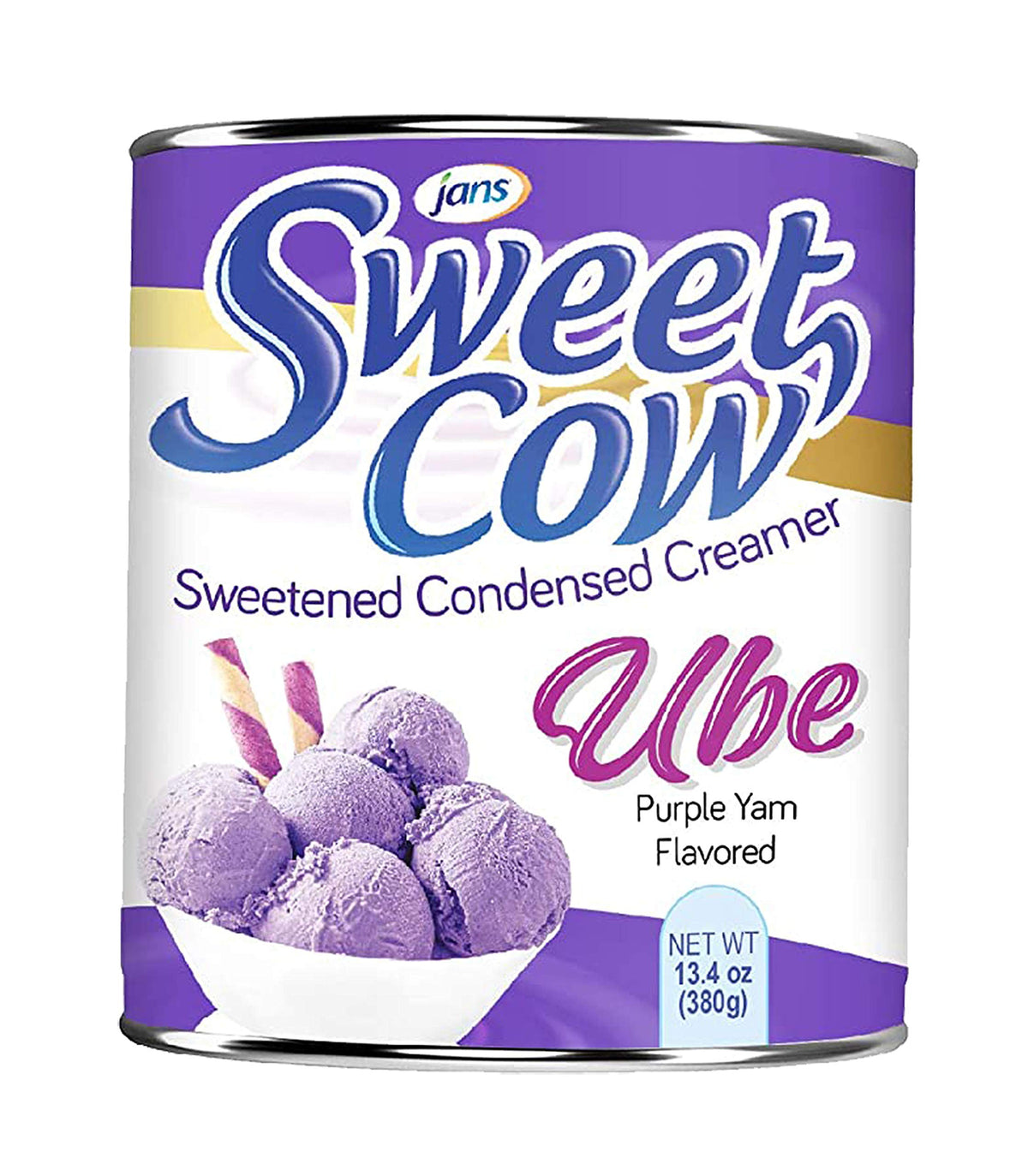Sweet Cow Ube creamer being poured over ice cream highlighting creamy texture