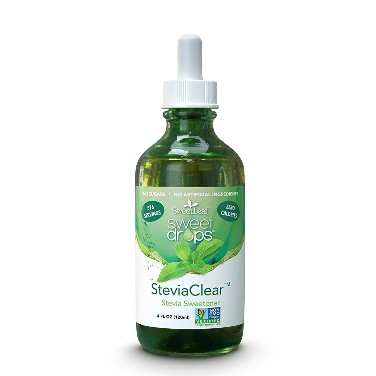 Sweet Drops SweetLeaf liquid stevia bottle pouring into a glass for zero-calorie sweetness.