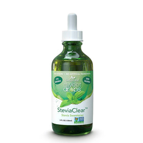 Sweet Drops SweetLeaf liquid stevia bottle pouring into a glass for zero-calorie sweetness.