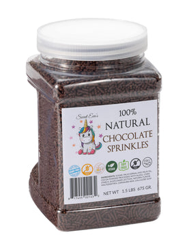 Sweet Eva’s chocolate sprinkles bottle close-up, crunchy dairy-free topping for cakes