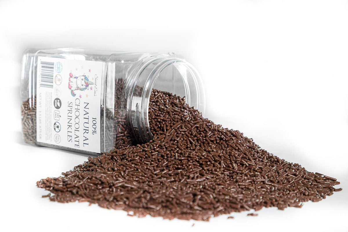 Sweet Eva’s bulk sprinkles jar shown, resealable for freshness