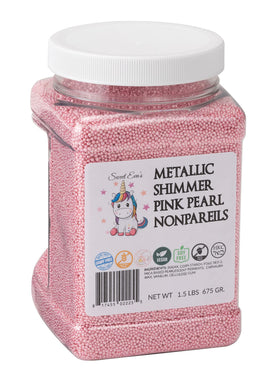 Sweet Eva’s metallic shimmer pink pearl nonpareils add vibrant sparkle to cakes