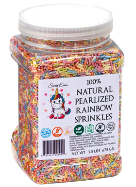 Sweet Eva’s Pearlized Rainbow Sprinkles jar adds shimmering color to desserts for celebrations.