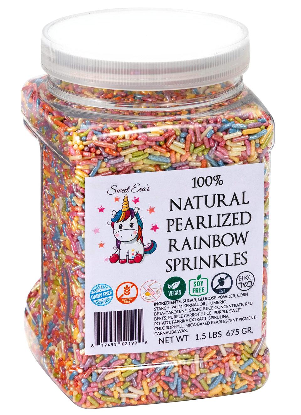 Sweet Eva’s Pearlized Rainbow Sprinkles jar adds shimmering color to desserts for celebrations.