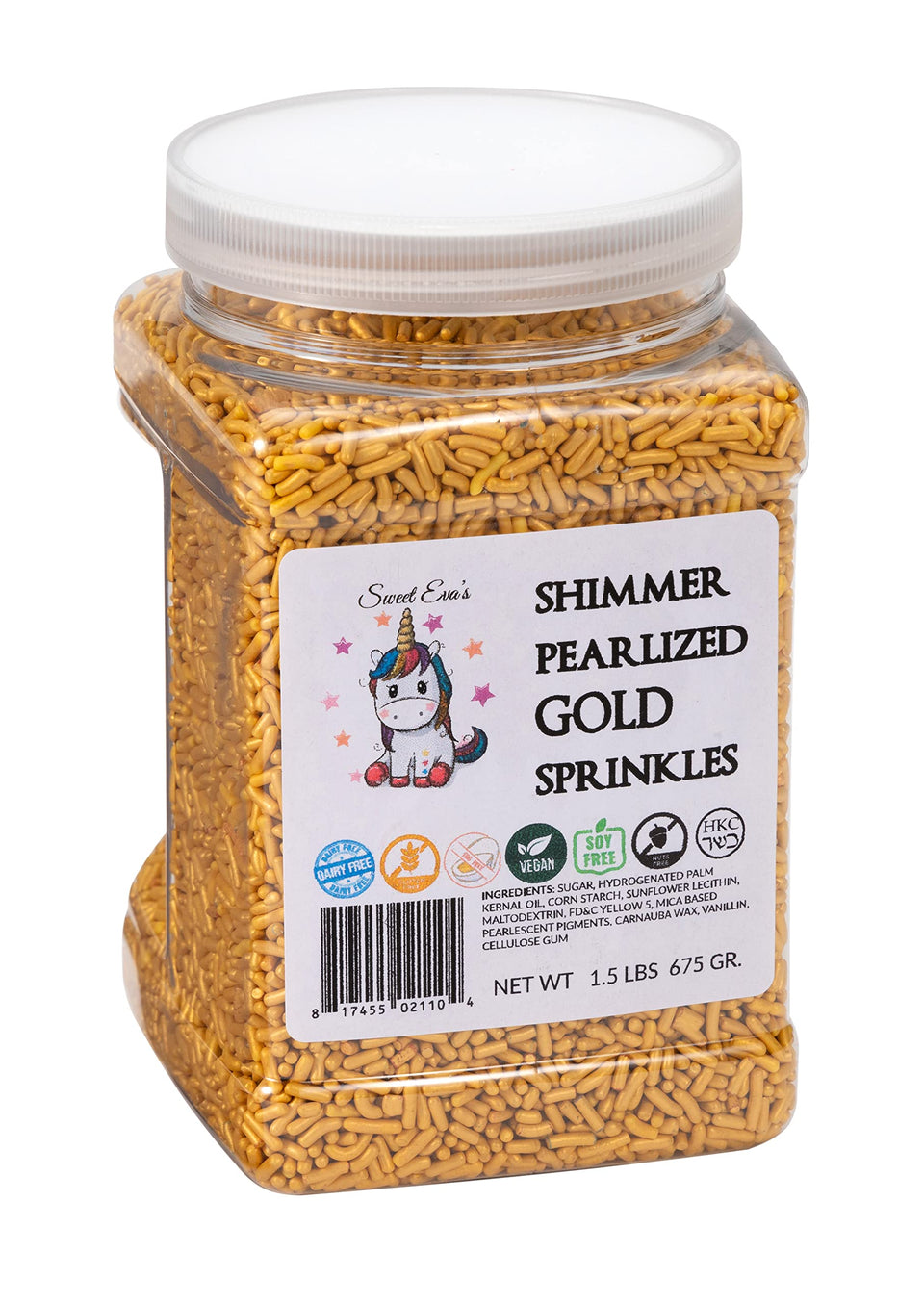 Sweet Eva's shimmer pearlized gold sprinkles on a 1.5 lb bulk bag for decorating