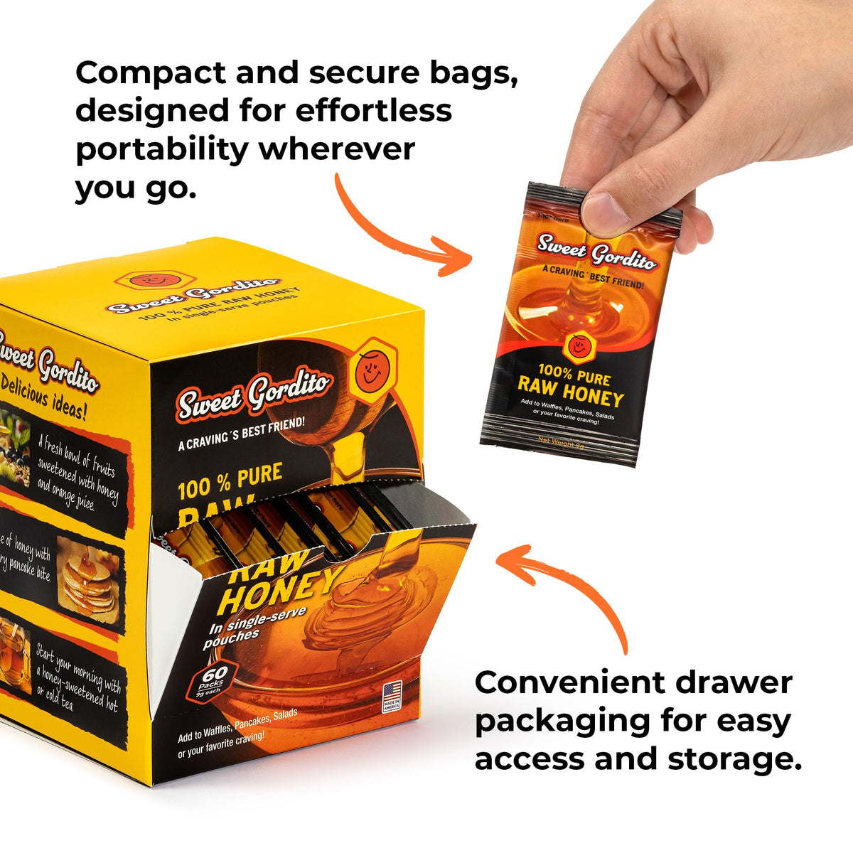 Sweet Gordito 60-pack display with individually wrapped honey packets.