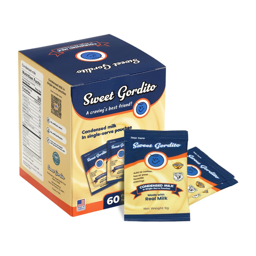 Sweet Gordito packaging box displays 60 convenient milk packets for travel.