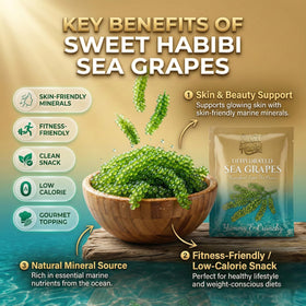 Sweet Habibi rehydrated sea grapes bloom into vibrant green pearls.