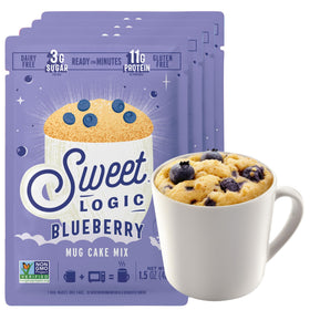 Sweet Logic Blueberry Muffin Mug Cake Pack with vibrant berries and keto-friendly texture.