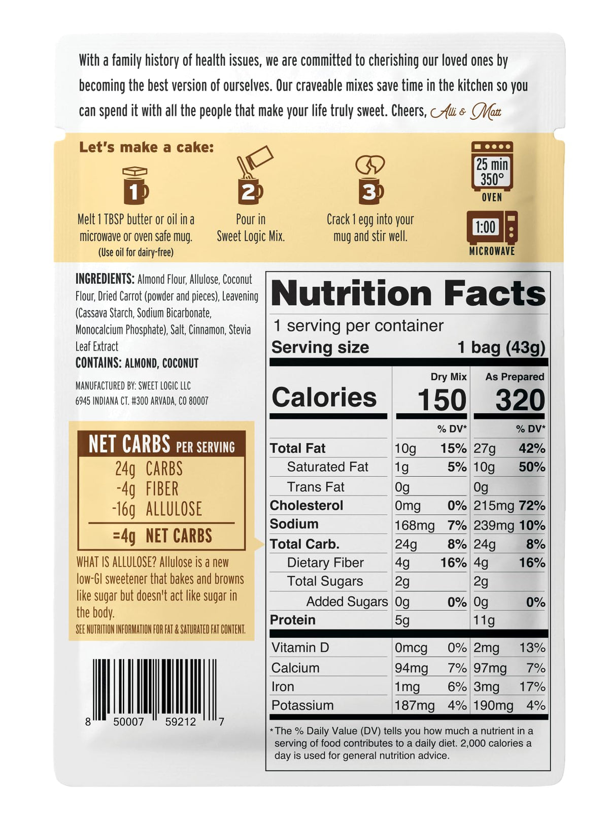 Sweet Logic gluten-free mug cake serves as a convenient diabetic-friendly dessert option.