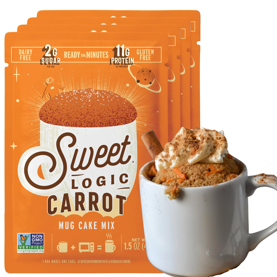Sweet Logic Keto Dessert Mug Cake Mix Carrot Cake Pack highlights gluten-free, low-sugar indulgence for snack time.