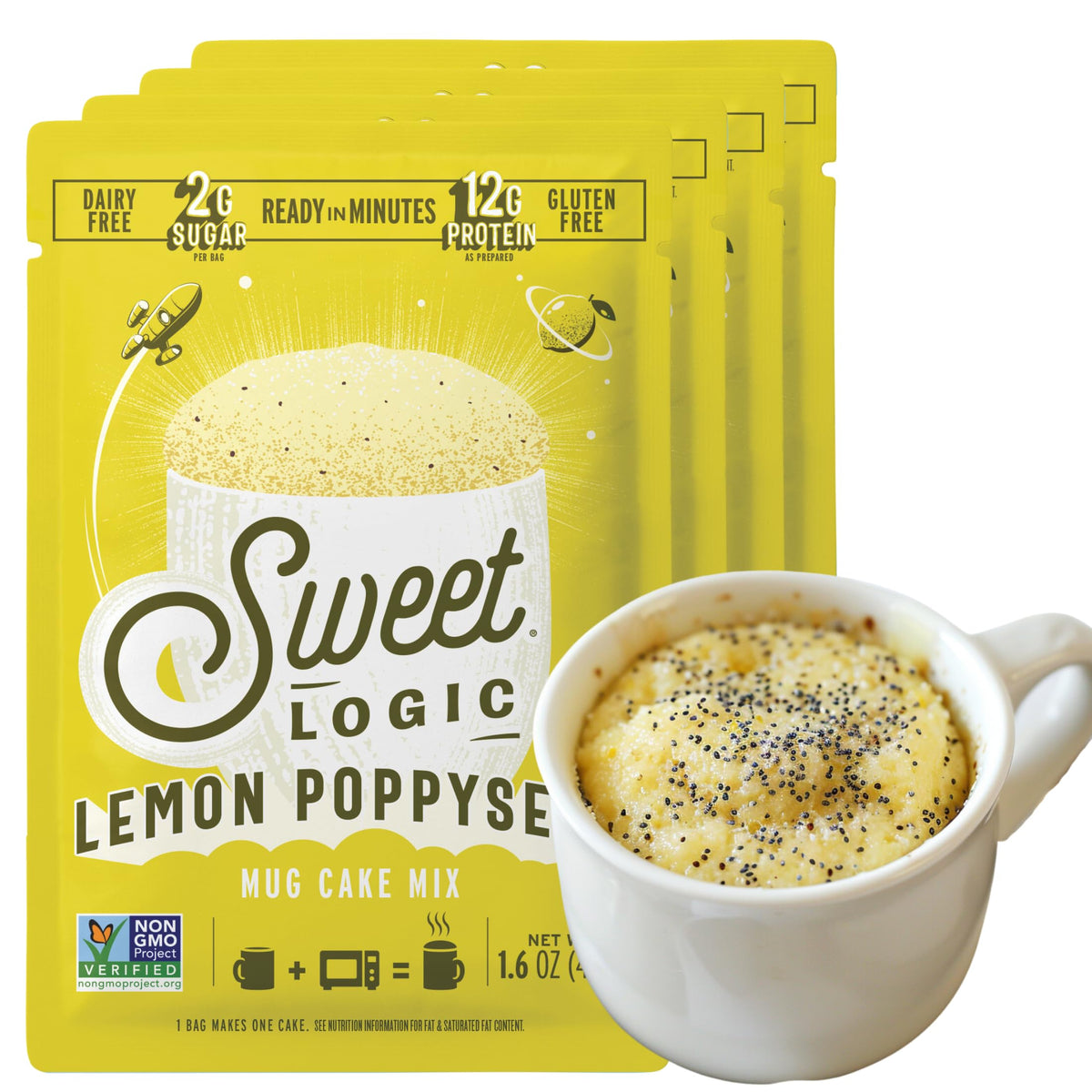 Sweet Logic Lemon Poppyseed mug cake mix pack ready for quick indulgence.