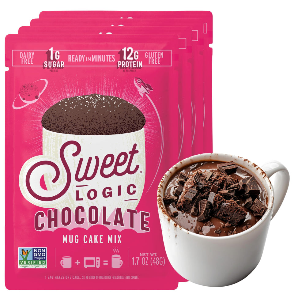 Sweet Logic Triple Chocolate Fudge mug cake pack front, keto-friendly indulgence.