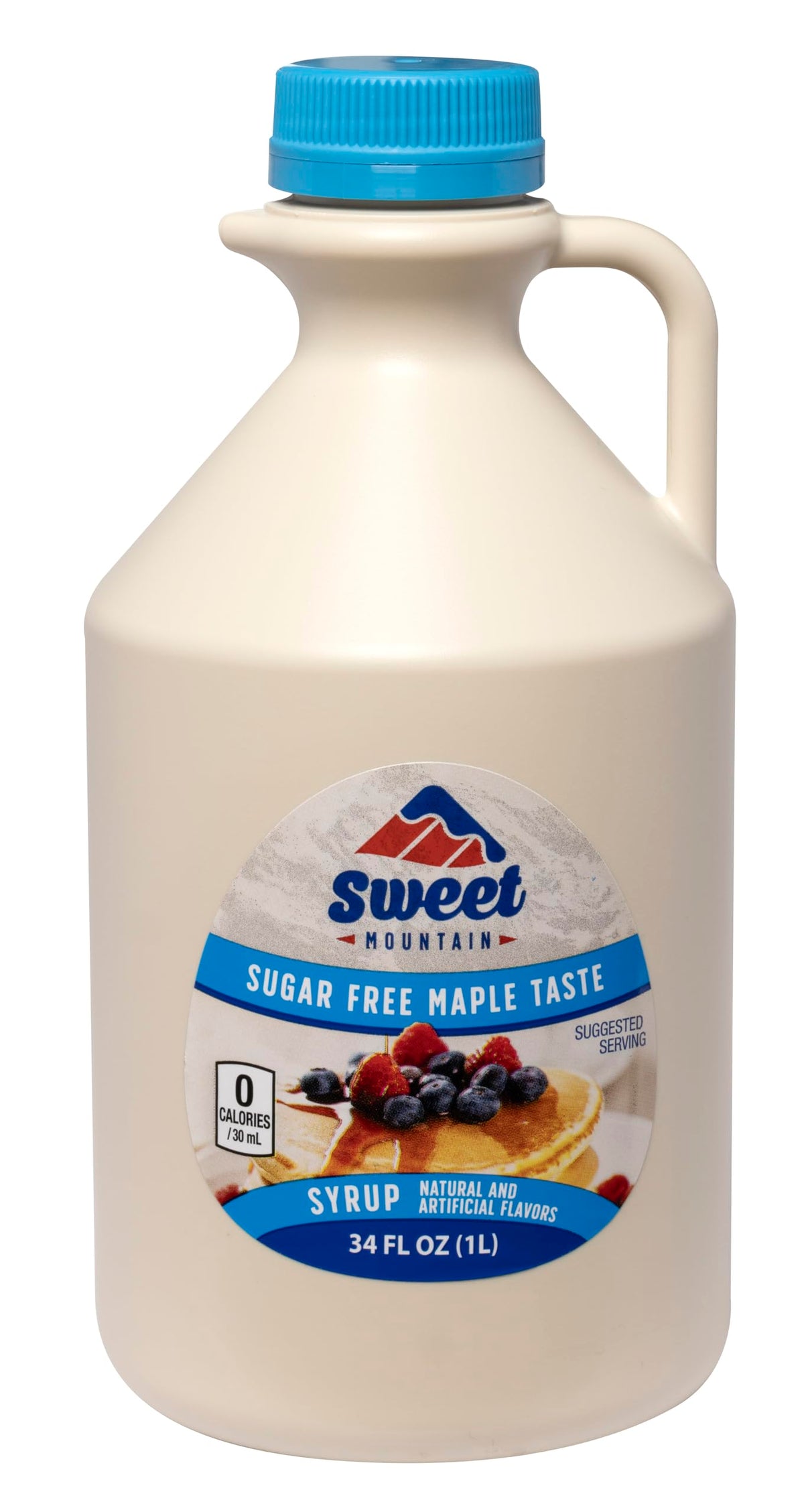 Sweet Mountain sugar-free maple syrup bottle close-up, ideal for keto-friendly sweetening.