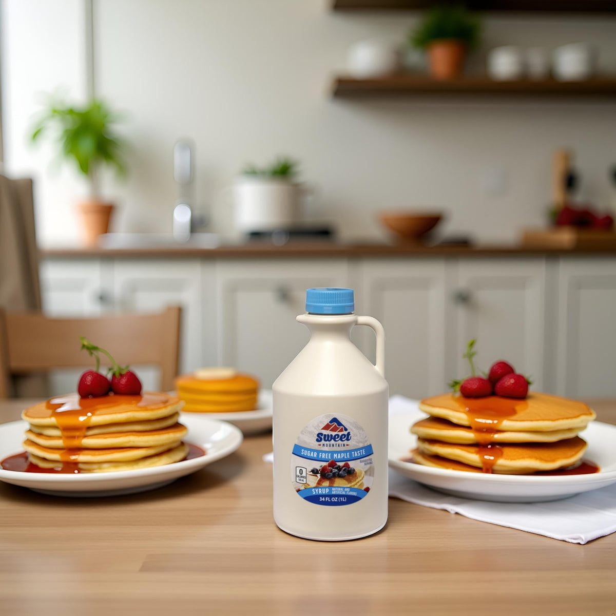 Sweet Mountain sugar-free maple syrup beside a coffee cup, keto-friendly sweetener.