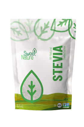 Sweet Nature Stevia-Erythritol Sweetener Powder bottle closeup showing zero glycemic sweetness