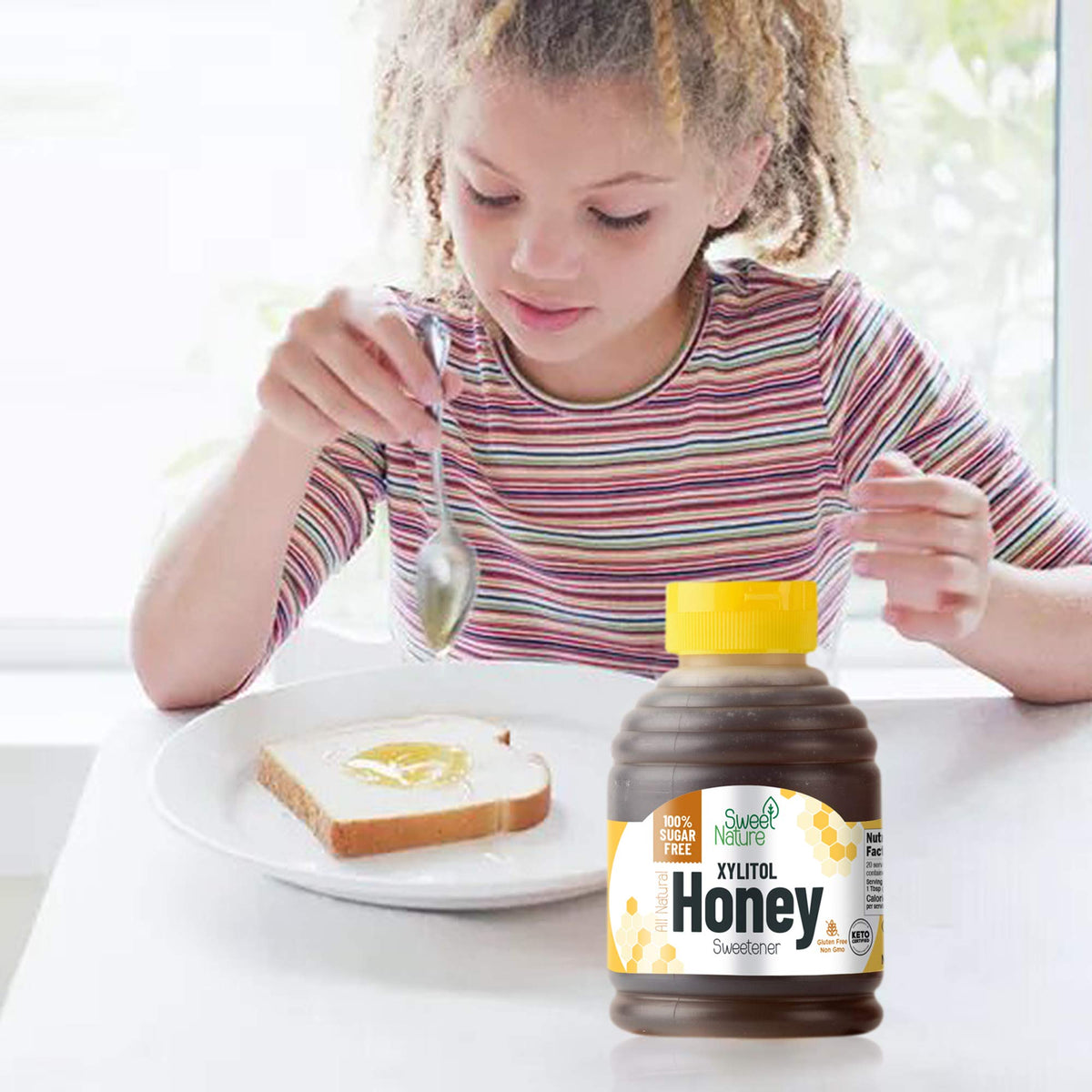 Sweet Nature USA birch xylitol honey pack emphasizing USA-made non GMO benefits