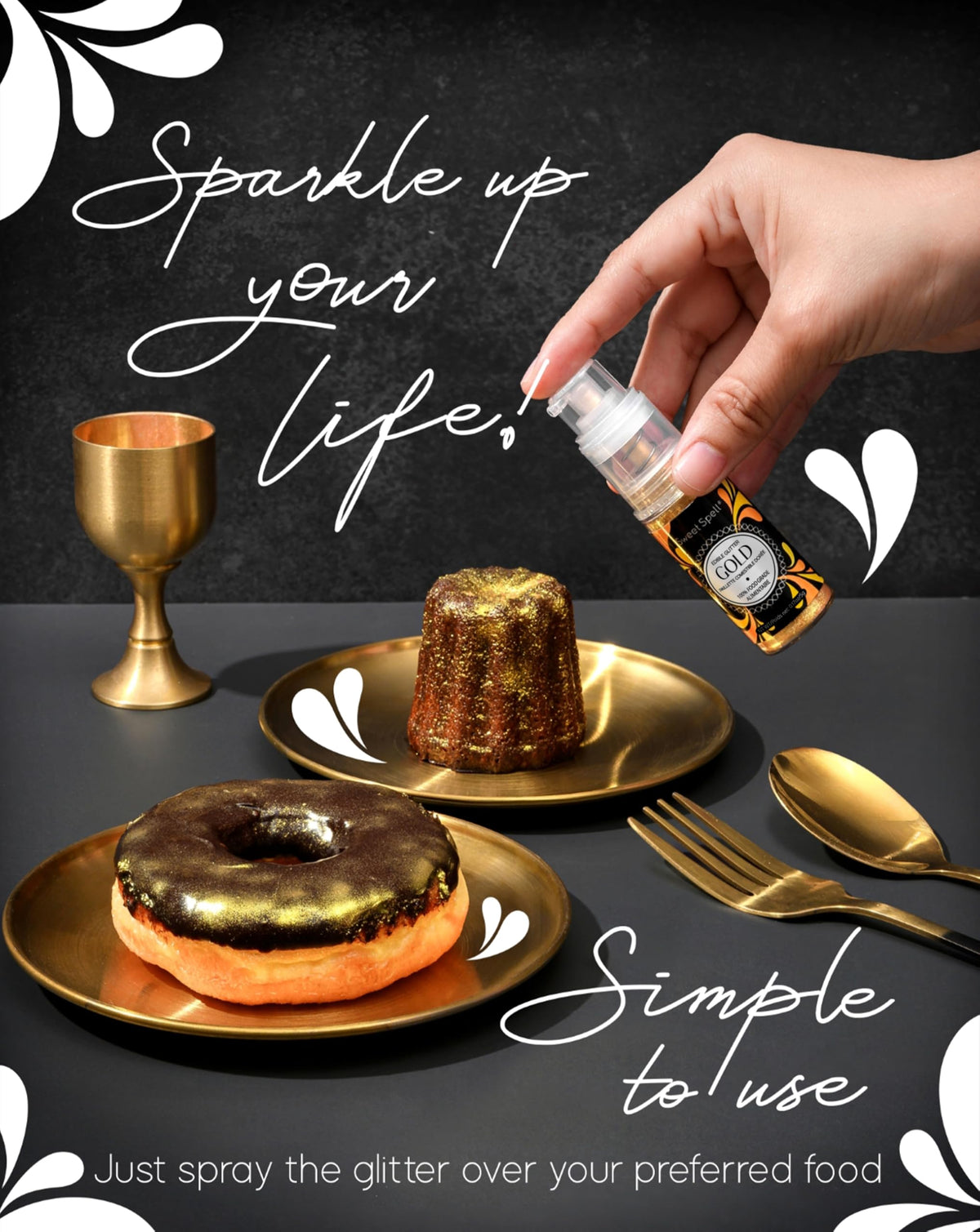 Sweet Spell cake decor glitter spray finishes cupcakes and cookies with edible shimmer