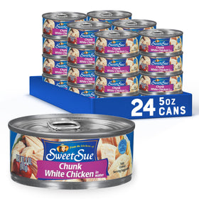 Sweet Sue canned chicken chunks in water show rib meat texture, a high-protein pantry staple.